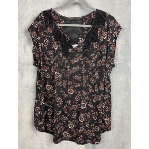 Daniel Rain Blouse Women’s 2X Black/Orange/Pink Floral Crochet Pleated